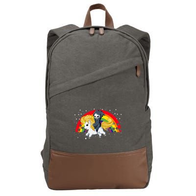 Cute Scary Ghost Face Skull Reaper On Golden Unicorn Rainbow Cotton Canvas Backpack