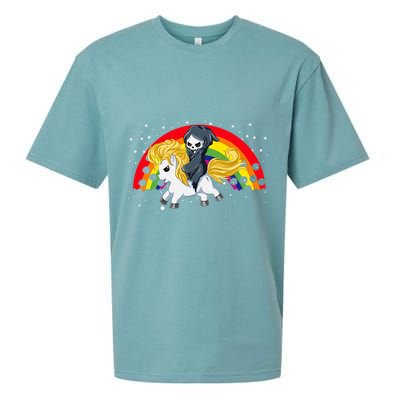 Cute Scary Ghost Face Skull Reaper On Golden Unicorn Rainbow Sueded Cloud Jersey T-Shirt
