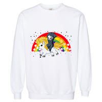 Cute Scary Ghost Face Skull Reaper On Golden Unicorn Rainbow Garment-Dyed Sweatshirt
