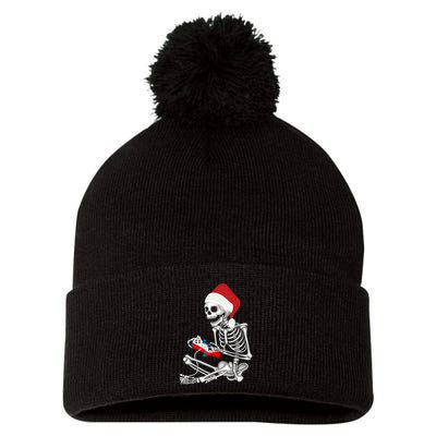 Christmas Skeleton Gamer Video Gaming Pom Pom 12in Knit Beanie
