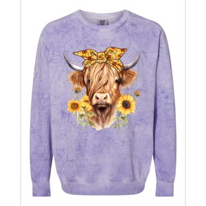 Cute Scottish Highland Cow Wearing Sunflower Bandana Heifer Colorblast Crewneck Sweatshirt