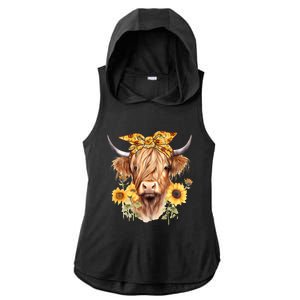 Cute Scottish Highland Cow Wearing Sunflower Bandana Heifer Ladies PosiCharge Tri-Blend Wicking Draft Hoodie Tank