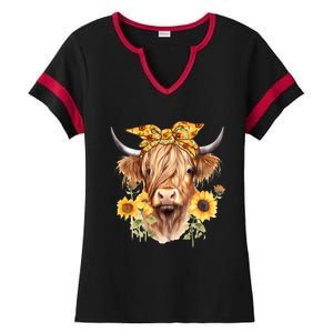 Cute Scottish Highland Cow Wearing Sunflower Bandana Heifer Ladies Halftime Notch Neck Tee