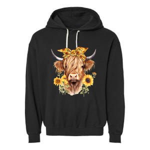 Cute Scottish Highland Cow Wearing Sunflower Bandana Heifer Garment-Dyed Fleece Hoodie