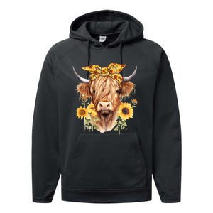 Cute Scottish Highland Cow Wearing Sunflower Bandana Heifer Performance Fleece Hoodie