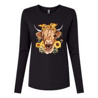 Cute Scottish Highland Cow Wearing Sunflower Bandana Heifer Womens Cotton Relaxed Long Sleeve T-Shirt