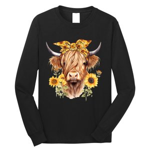 Cute Scottish Highland Cow Wearing Sunflower Bandana Heifer Long Sleeve Shirt