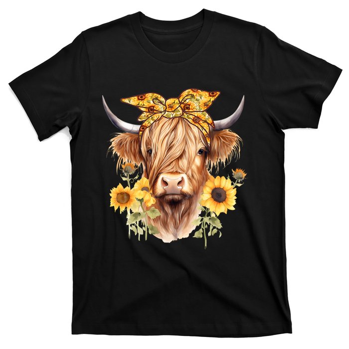 Cute Scottish Highland Cow Wearing Sunflower Bandana Heifer T-Shirt