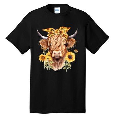 Cute Scottish Highland Cow Wearing Sunflower Bandana Heifer Tall T-Shirt