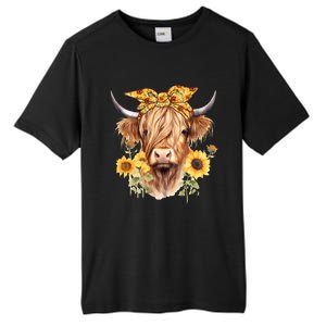 Cute Scottish Highland Cow Wearing Sunflower Bandana Heifer Tall Fusion ChromaSoft Performance T-Shirt