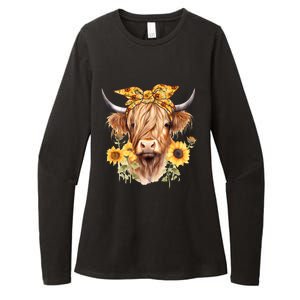 Cute Scottish Highland Cow Wearing Sunflower Bandana Heifer Womens CVC Long Sleeve Shirt