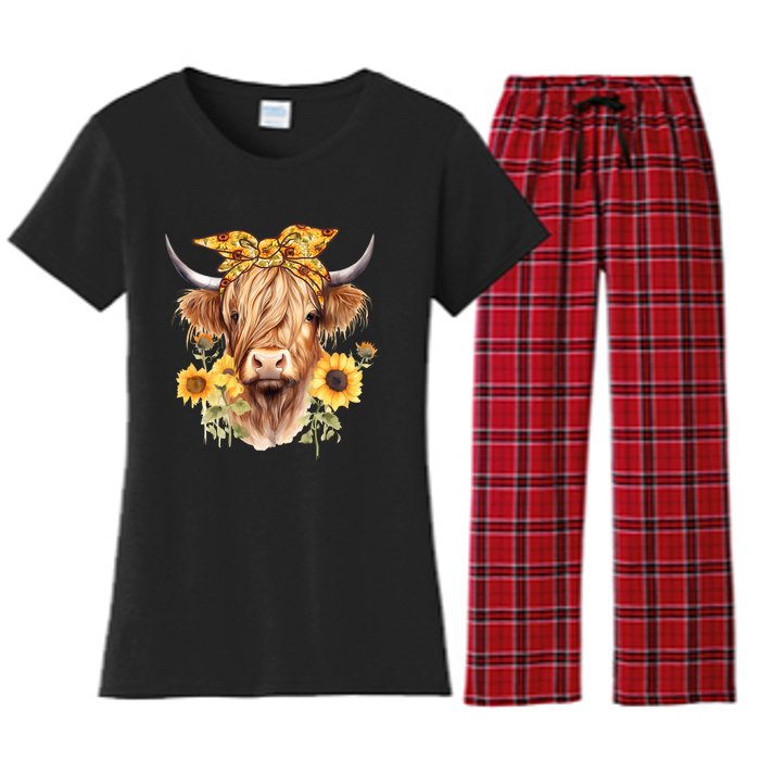 Cute Scottish Highland Cow Wearing Sunflower Bandana Heifer Women's Flannel Pajama Set