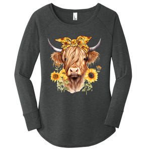 Cute Scottish Highland Cow Wearing Sunflower Bandana Heifer Women's Perfect Tri Tunic Long Sleeve Shirt