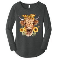 Cute Scottish Highland Cow Wearing Sunflower Bandana Heifer Women's Perfect Tri Tunic Long Sleeve Shirt