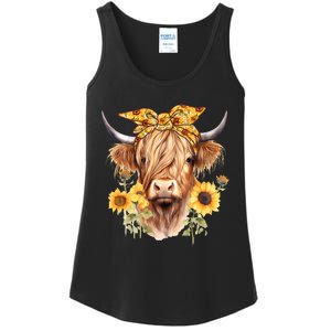 Cute Scottish Highland Cow Wearing Sunflower Bandana Heifer Ladies Essential Tank