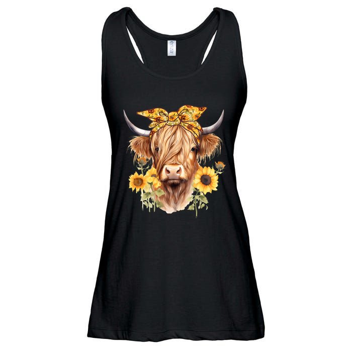 Cute Scottish Highland Cow Wearing Sunflower Bandana Heifer Ladies Essential Flowy Tank