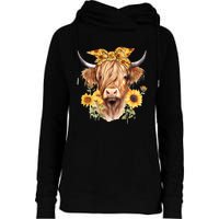 Cute Scottish Highland Cow Wearing Sunflower Bandana Heifer Womens Funnel Neck Pullover Hood