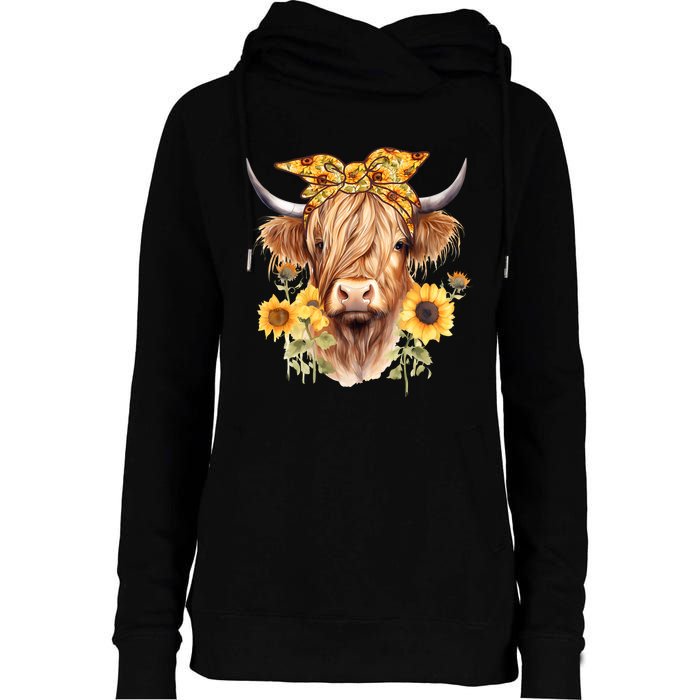 Cute Scottish Highland Cow Wearing Sunflower Bandana Heifer Womens Funnel Neck Pullover Hood