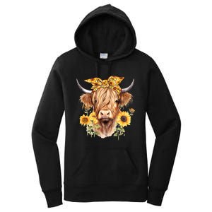 Cute Scottish Highland Cow Wearing Sunflower Bandana Heifer Women's Pullover Hoodie