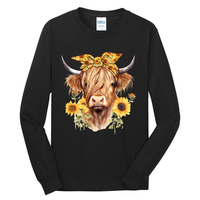 Cute Scottish Highland Cow Wearing Sunflower Bandana Heifer Tall Long Sleeve T-Shirt