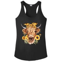 Cute Scottish Highland Cow Wearing Sunflower Bandana Heifer Ladies PosiCharge Competitor Racerback Tank