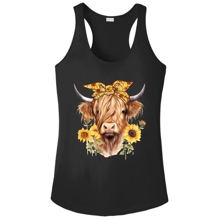 Cute Scottish Highland Cow Wearing Sunflower Bandana Heifer Ladies PosiCharge Competitor Racerback Tank