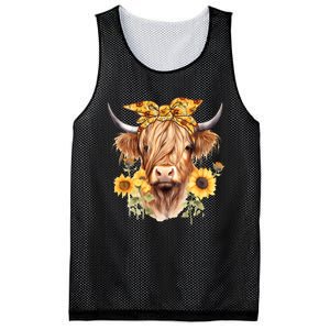 Cute Scottish Highland Cow Wearing Sunflower Bandana Heifer Mesh Reversible Basketball Jersey Tank