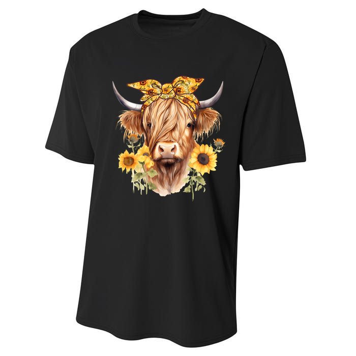 Cute Scottish Highland Cow Wearing Sunflower Bandana Heifer Performance Sprint T-Shirt