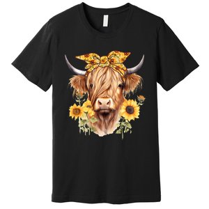 Cute Scottish Highland Cow Wearing Sunflower Bandana Heifer Premium T-Shirt