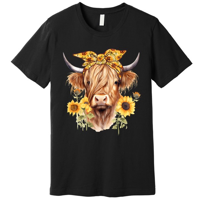 Cute Scottish Highland Cow Wearing Sunflower Bandana Heifer Premium T-Shirt