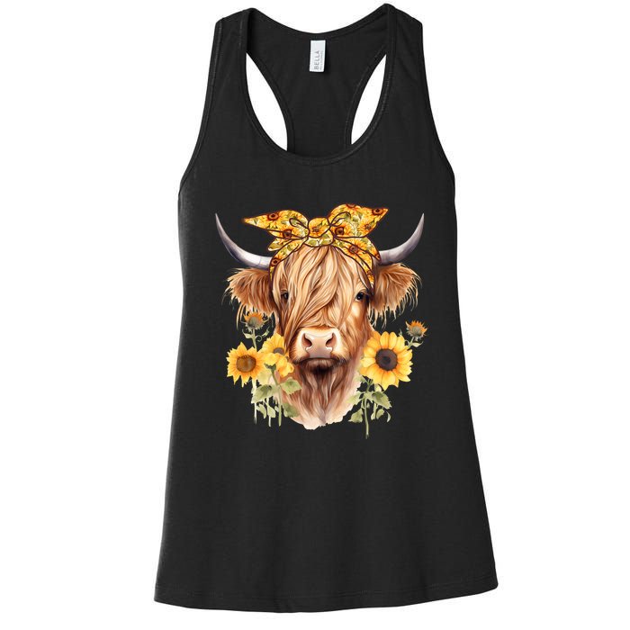 Cute Scottish Highland Cow Wearing Sunflower Bandana Heifer Women's Racerback Tank