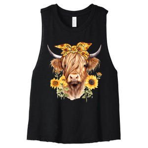 Cute Scottish Highland Cow Wearing Sunflower Bandana Heifer Women's Racerback Cropped Tank