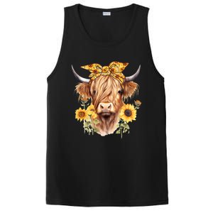 Cute Scottish Highland Cow Wearing Sunflower Bandana Heifer PosiCharge Competitor Tank