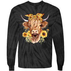 Cute Scottish Highland Cow Wearing Sunflower Bandana Heifer Tie-Dye Long Sleeve Shirt