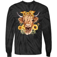 Cute Scottish Highland Cow Wearing Sunflower Bandana Heifer Tie-Dye Long Sleeve Shirt