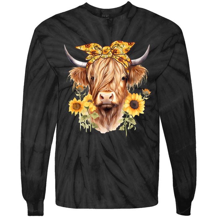 Cute Scottish Highland Cow Wearing Sunflower Bandana Heifer Tie-Dye Long Sleeve Shirt