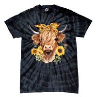 Cute Scottish Highland Cow Wearing Sunflower Bandana Heifer Tie-Dye T-Shirt