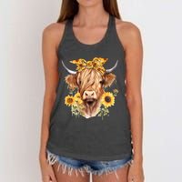 Cute Scottish Highland Cow Wearing Sunflower Bandana Heifer Women's Knotted Racerback Tank