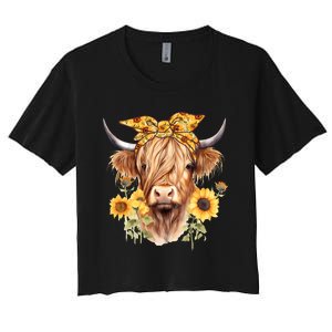 Cute Scottish Highland Cow Wearing Sunflower Bandana Heifer Women's Crop Top Tee