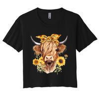 Cute Scottish Highland Cow Wearing Sunflower Bandana Heifer Women's Crop Top Tee