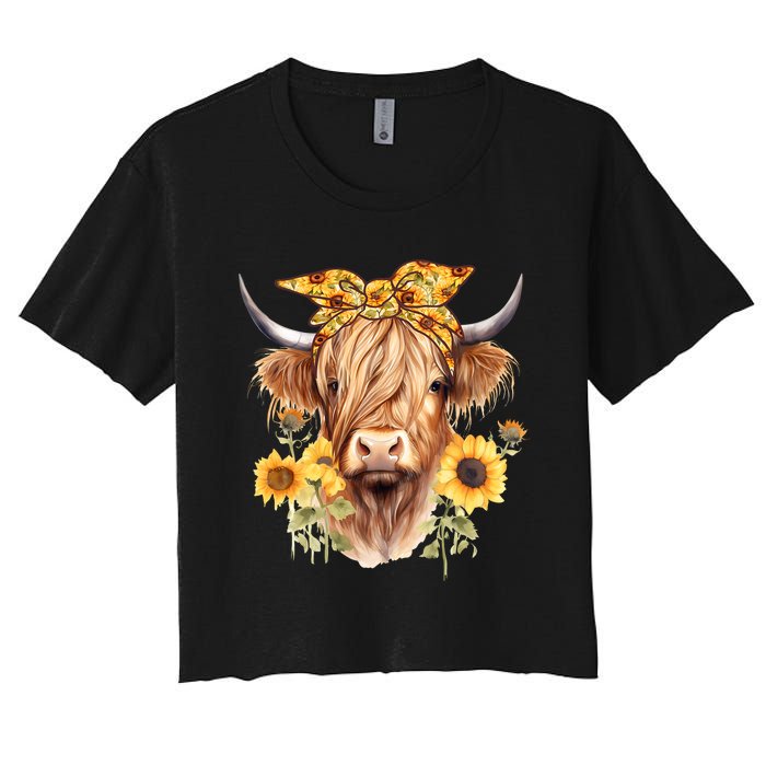 Cute Scottish Highland Cow Wearing Sunflower Bandana Heifer Women's Crop Top Tee