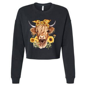 Cute Scottish Highland Cow Wearing Sunflower Bandana Heifer Cropped Pullover Crew