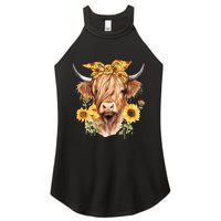 Cute Scottish Highland Cow Wearing Sunflower Bandana Heifer Women's Perfect Tri Rocker Tank