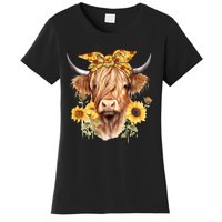 Cute Scottish Highland Cow Wearing Sunflower Bandana Heifer Women's T-Shirt