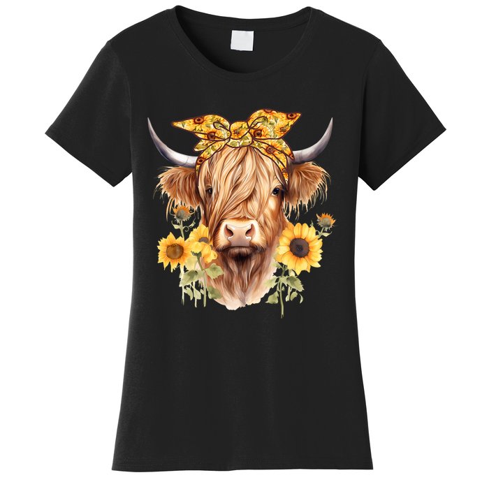 Cute Scottish Highland Cow Wearing Sunflower Bandana Heifer Women's T-Shirt