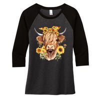 Cute Scottish Highland Cow Wearing Sunflower Bandana Heifer Women's Tri-Blend 3/4-Sleeve Raglan Shirt