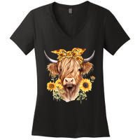 Cute Scottish Highland Cow Wearing Sunflower Bandana Heifer Women's V-Neck T-Shirt