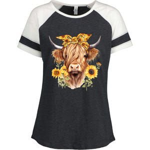 Cute Scottish Highland Cow Wearing Sunflower Bandana Heifer Enza Ladies Jersey Colorblock Tee