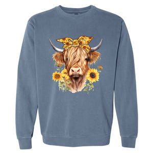 Cute Scottish Highland Cow Wearing Sunflower Bandana Heifer Garment-Dyed Sweatshirt