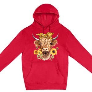 Cute Scottish Highland Cow Wearing Sunflower Bandana Heifer Premium Pullover Hoodie